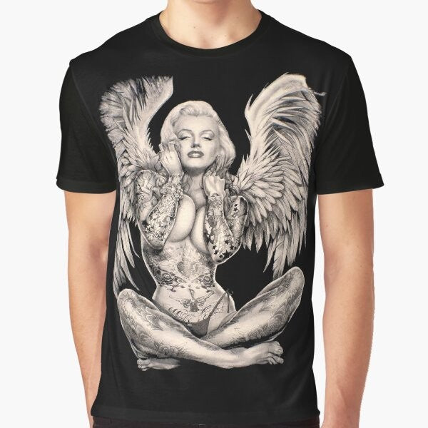 Vintage abstract tattooed angel graphic print featuring Marilyn Monroe