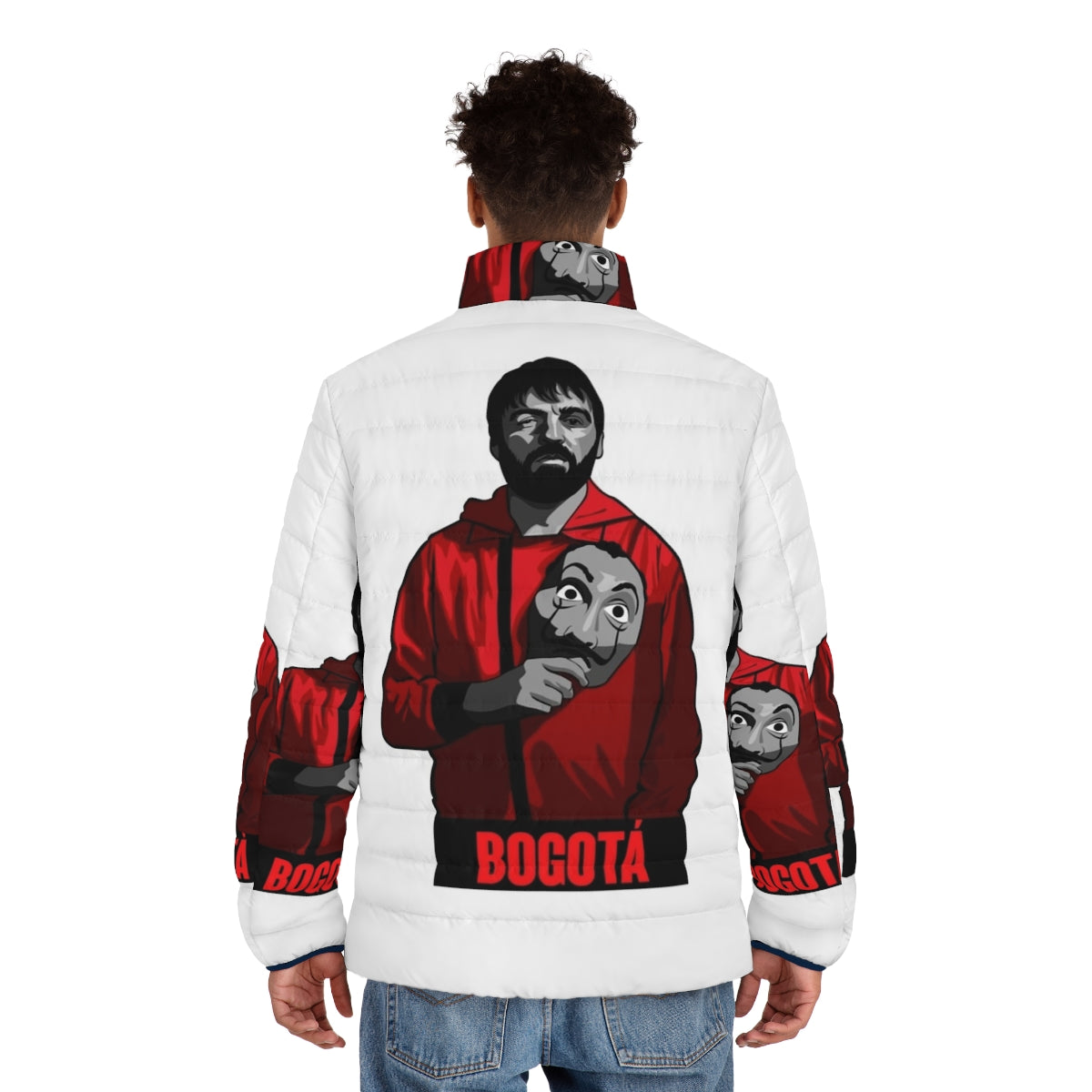 Money Heist Bogota Puffer Jacket with Fan Art Designs - men back