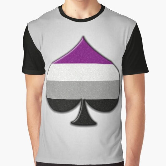 Graphic t-shirt featuring a large ace symbol in the colors of the asexual pride flag: black, gray, white, and purple.