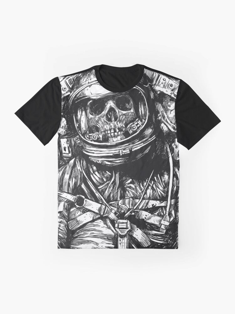 Haunting dead astronaut graphic t-shirt design with space, horror, and sci-fi elements - Flat lay