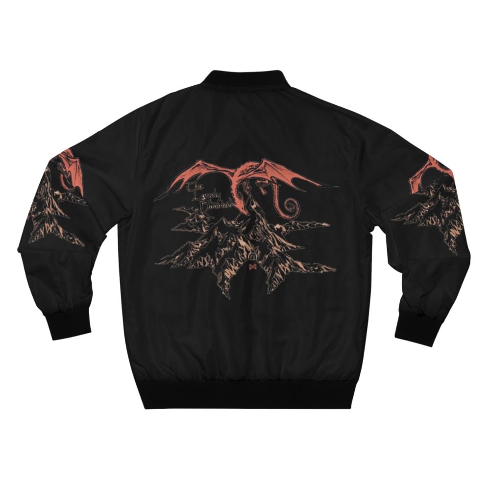 A bomber jacket featuring a dragon design, inspired by the works of J.R.R. Tolkien and the Lord of the Rings fantasy universe. - Back