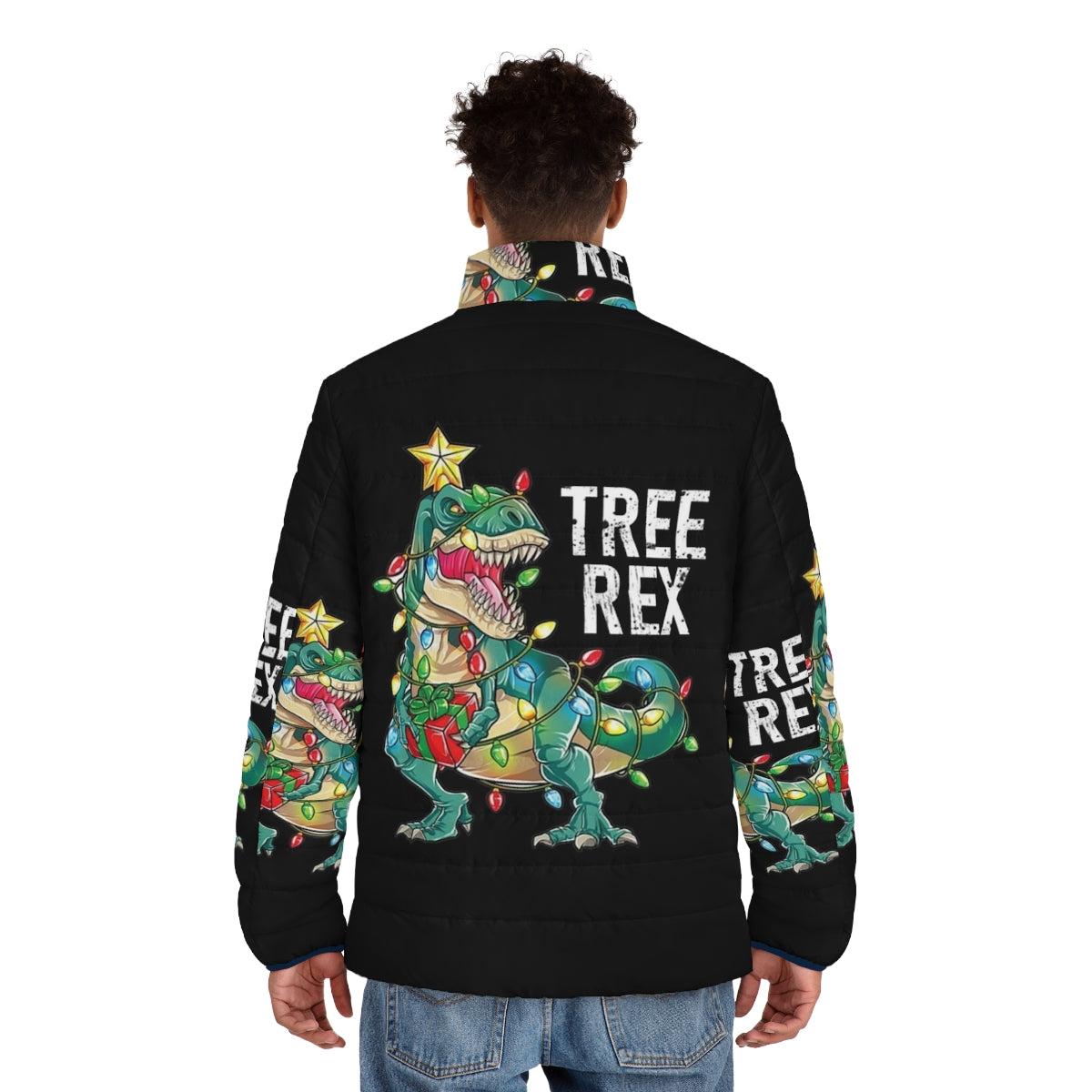 A cheerful puffer jacket featuring a Christmas dinosaur tree rex design - men back