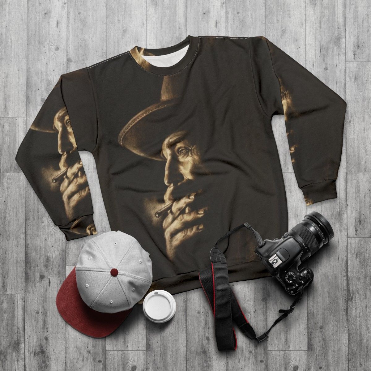 Daniel Plainview character from "There Will Be Blood" on a charcoal colored sweatshirt - flat lay