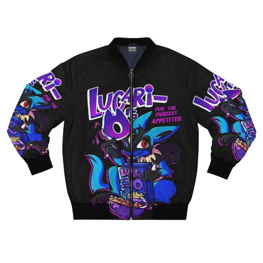 A stylish bomber jacket featuring a vibrant vaporwave-inspired cartoon furry design with paws and a wolf-like character.