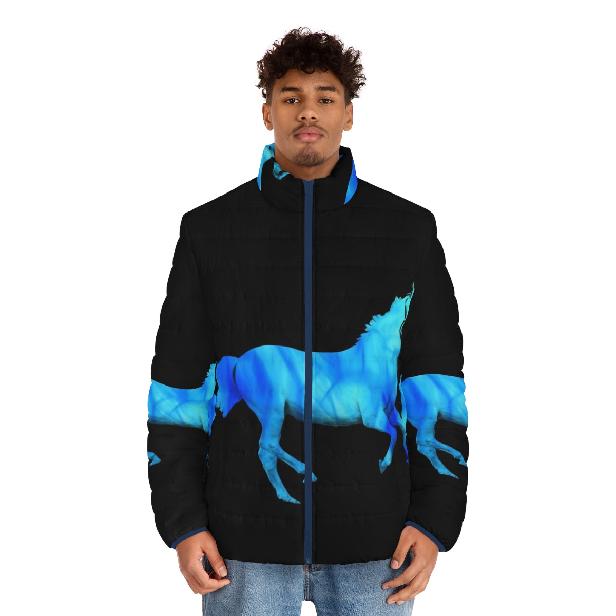 Flaming horse puffer jacket with a stallion graphic and vibrant blue color - men front