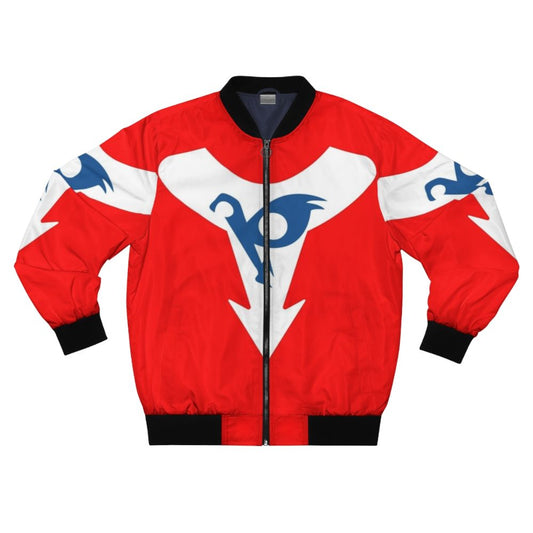 A stylish bomber jacket featuring the iconic Hurricane Polimar anime character in a retro, 80s inspired design.