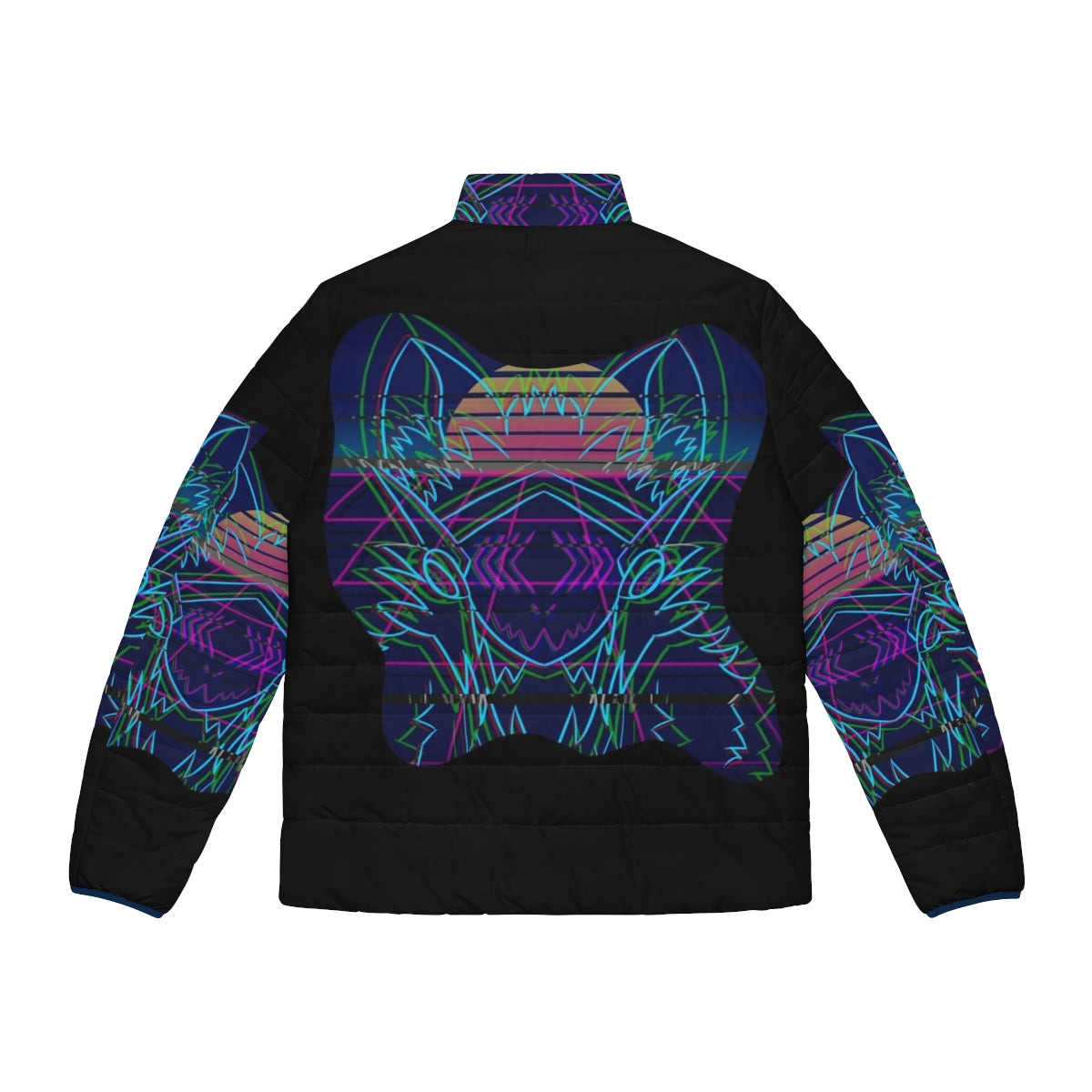 Retro DJ puffer jacket with protogen and cartoon designs - Back