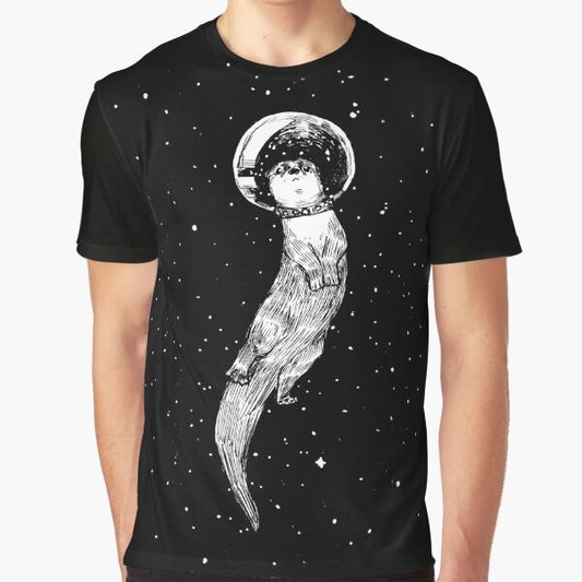 Illustration of a cute otter drifting in a starry outer space landscape