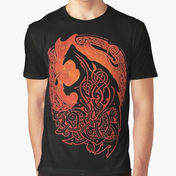 Fenrir, the mythical wolf creature from Nordic mythology associated with the god Loki, featured on a graphic t-shirt design.