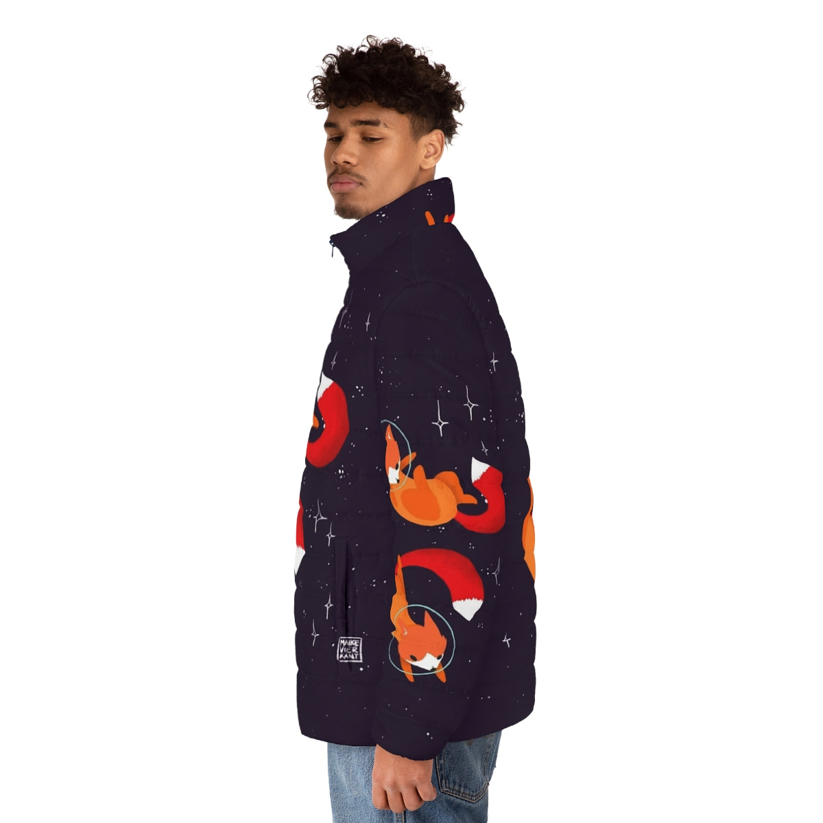 Puffer jacket featuring a digital illustration of cute space foxes in a starry galaxy - men side left