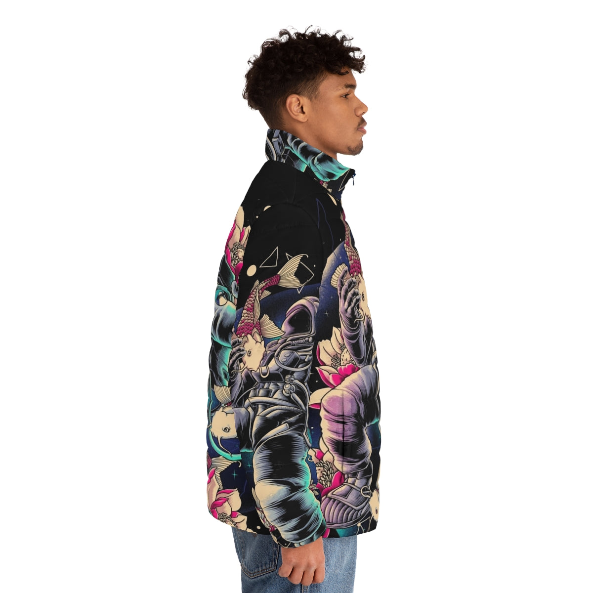 Deep space puffer jacket with a cosmic, interstellar starry design - men side right