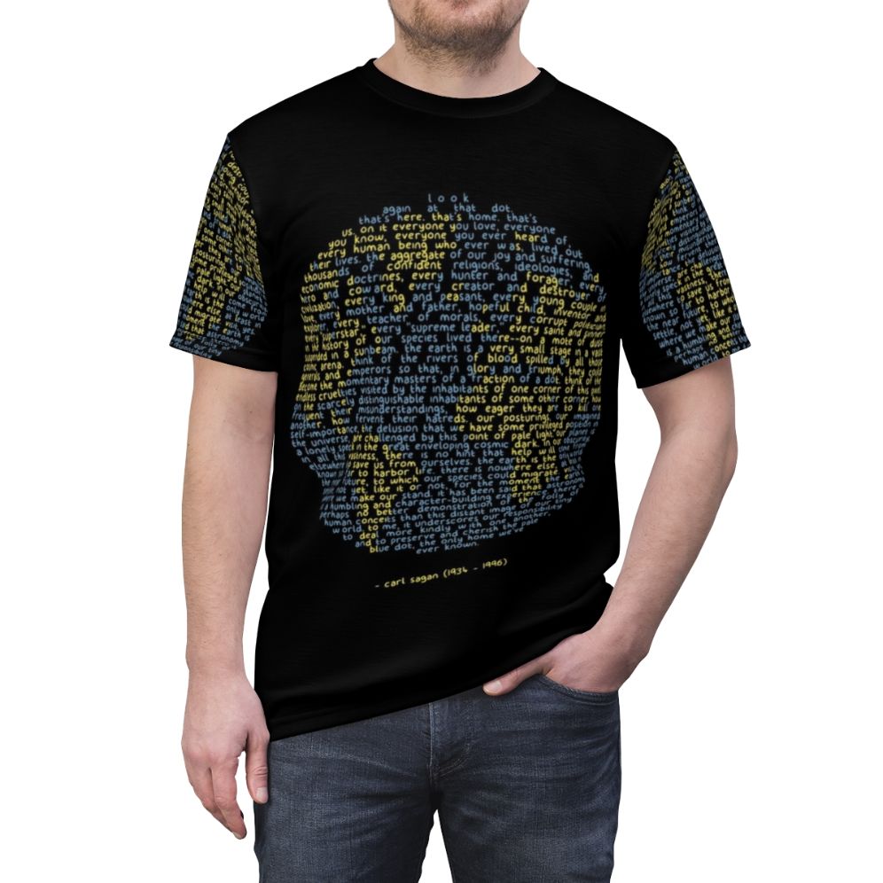 Pale Blue Dot t-shirt featuring a space-inspired design with planet Earth - men front