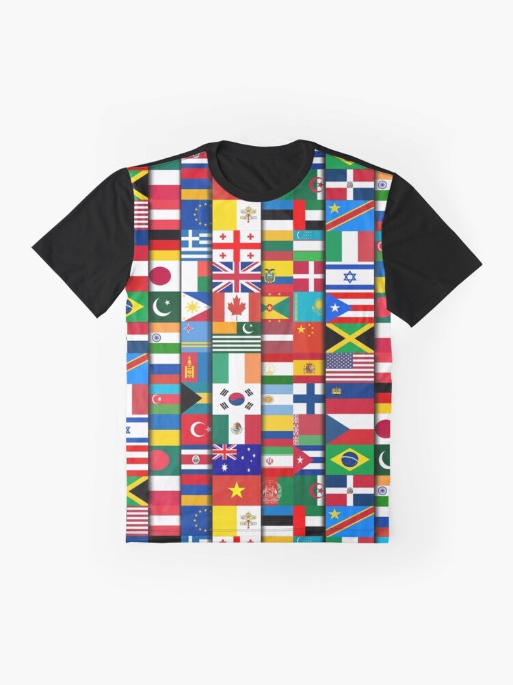 60 World Flags Graphic T-Shirt for Geography Students and Enthusiasts - Flat lay