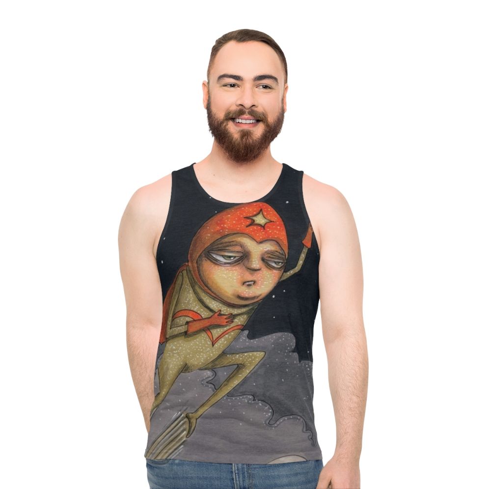 Captain Enthusiasm unisex tank top with a hand-drawn superhero design - men