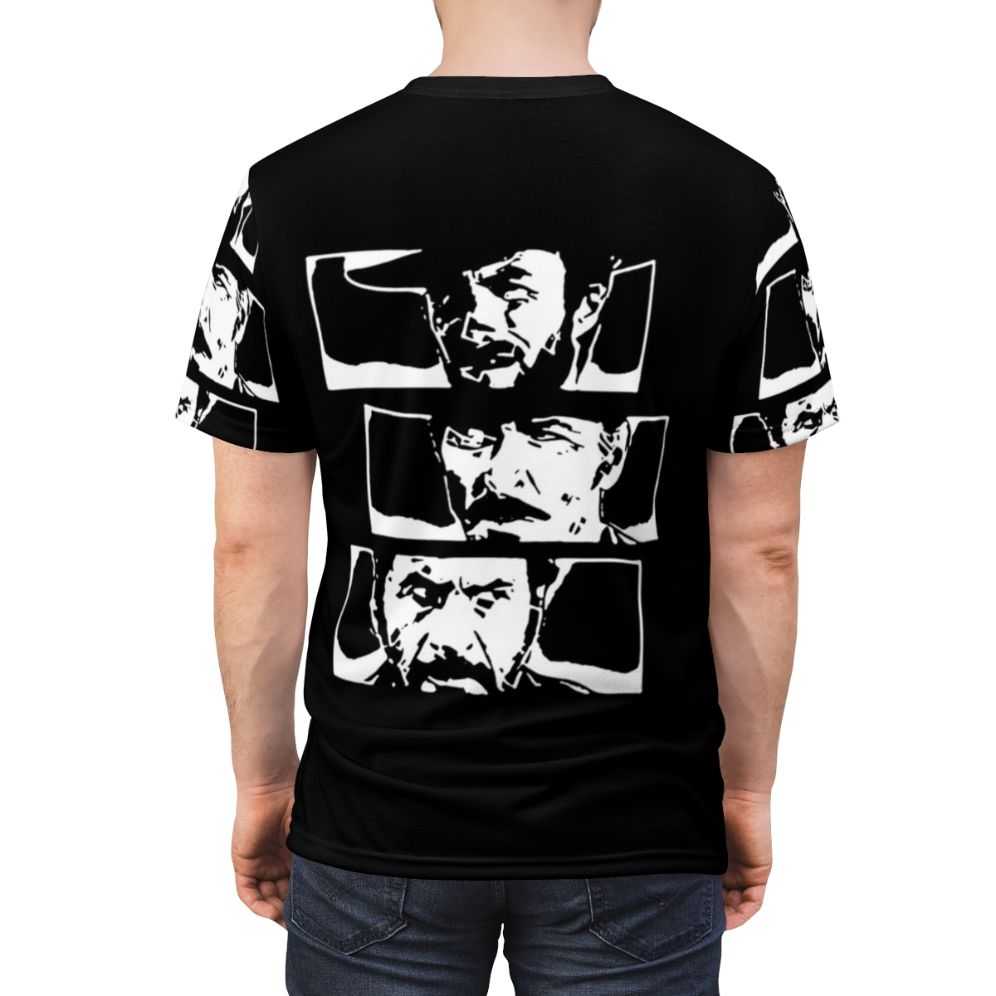 Vintage-inspired t-shirt design featuring a tribute to the classic Sergio Leone spaghetti western film "The Good, The Bad and The Ugly" - men back