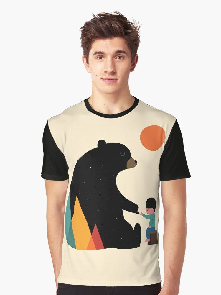 Graphic t-shirt with a bear in a nature landscape, featuring the word "Promise" - Men