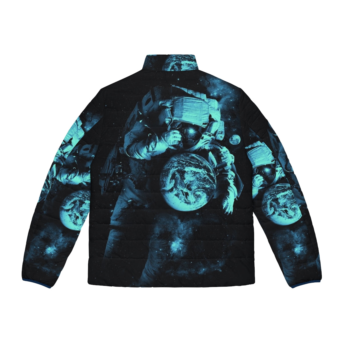 Puffer jacket with a surreal, cosmic design featuring an astronaut, planets, and the Milky Way galaxy. - Back