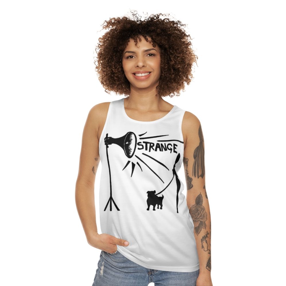 Strangelovev2 unisex tank top featuring Depeche Mode inspired synthpop music design - women