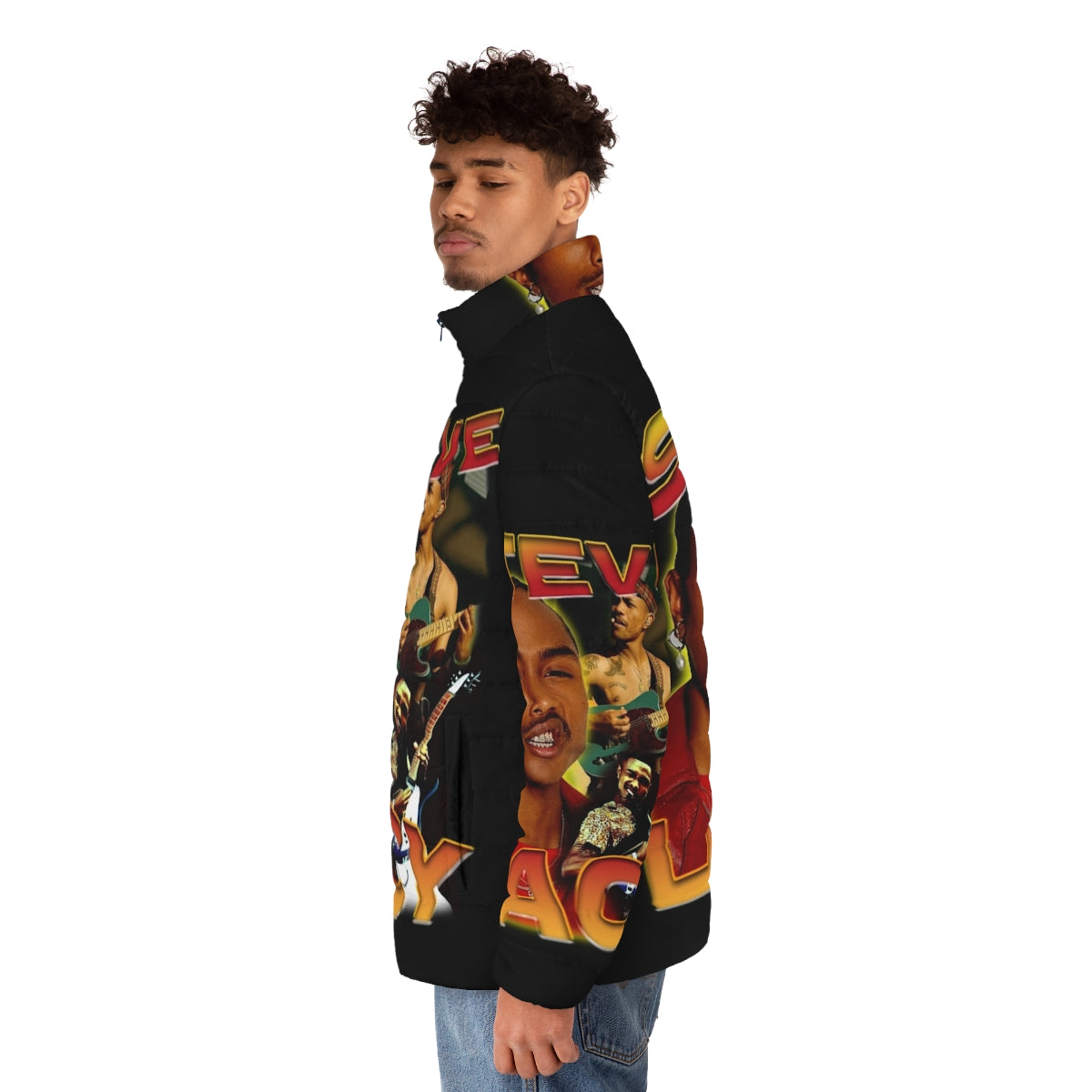 Steve Lacy inspired bootleg puffer jacket with vintage hip hop and R&B style - men side left