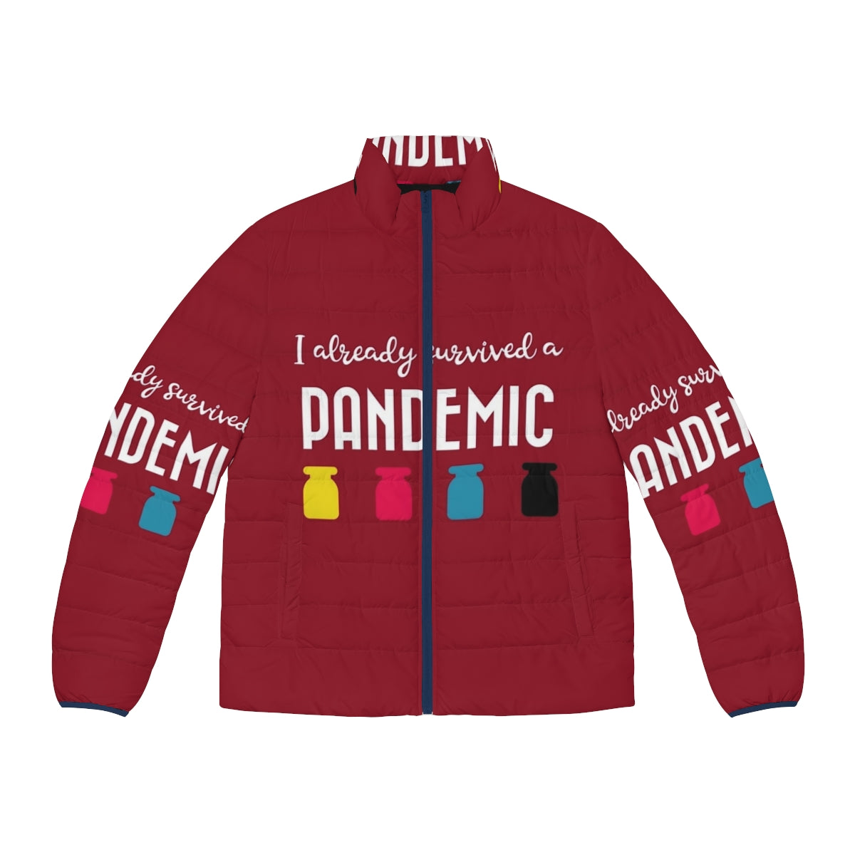 Pandemic Survivor Puffer Jacket with Funny Pandemic-Themed Graphics