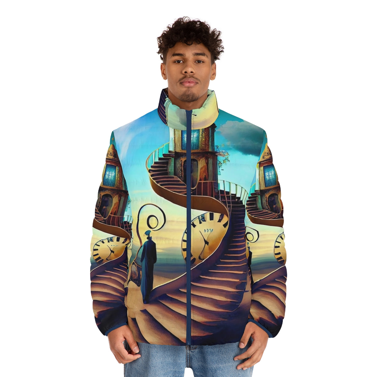 Salvador Dali Inspired Puffer Jacket with Surreal Imagery - men front