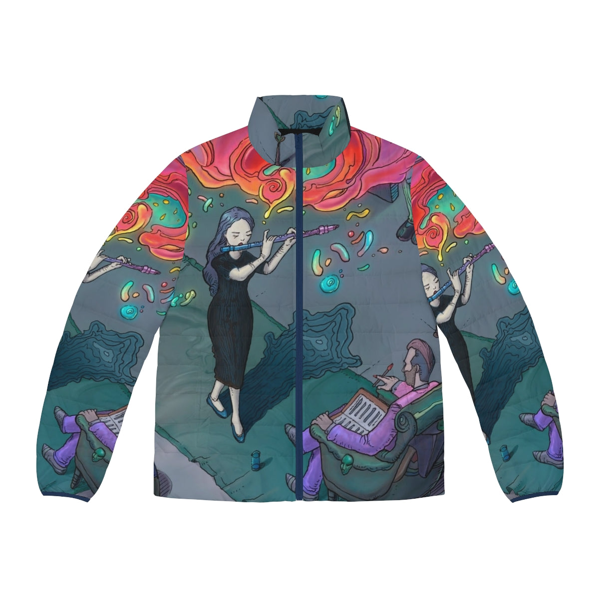 Puffer jacket with musical and artistic design elements