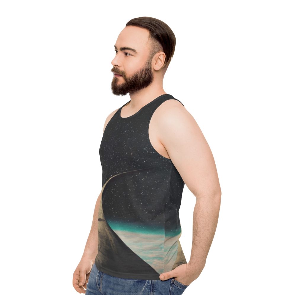 Vintage graphic unisex tank top with surreal space illustration - men side