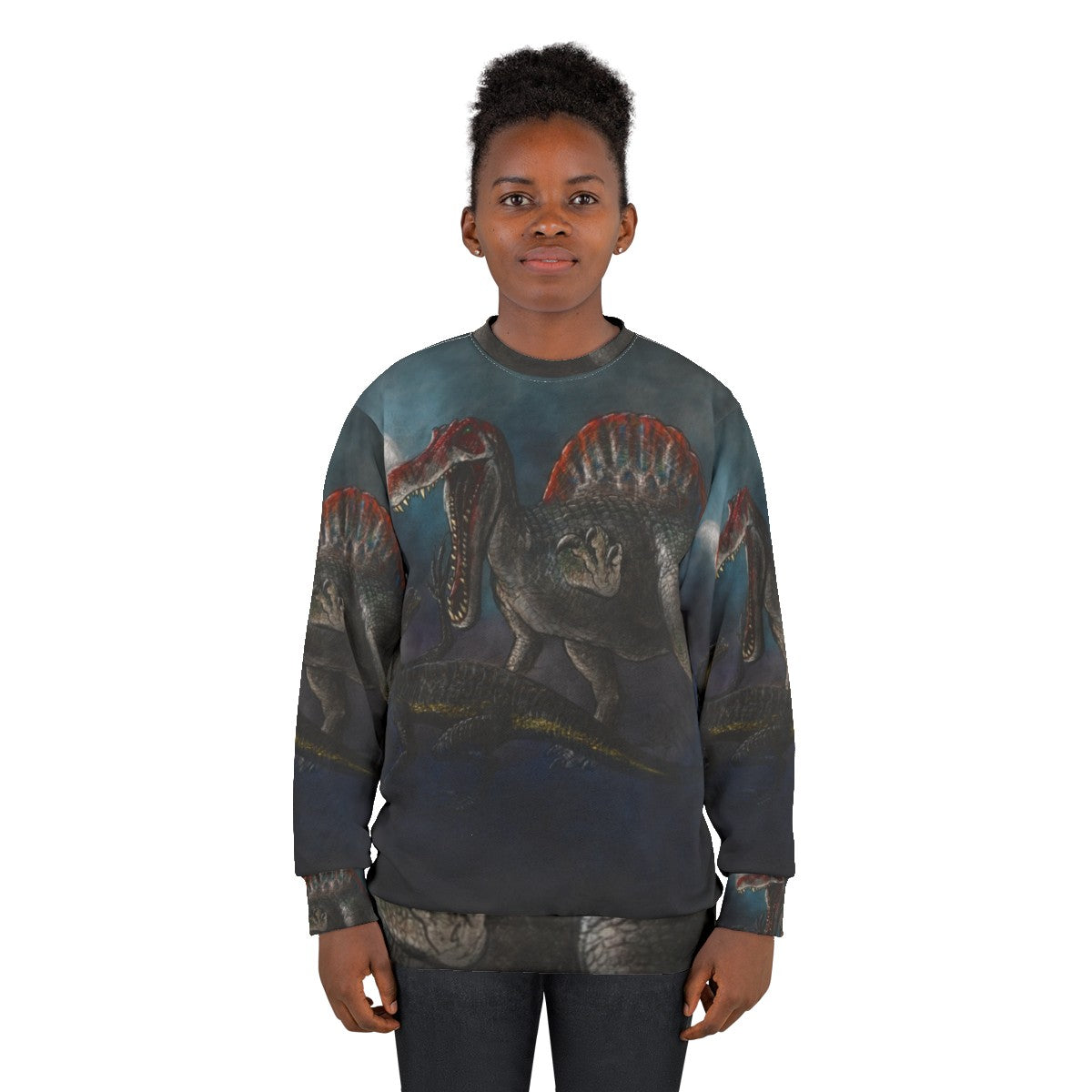 Spinosaurus vs Indominus Rex dinosaur battle graphic on a sweatshirt - women