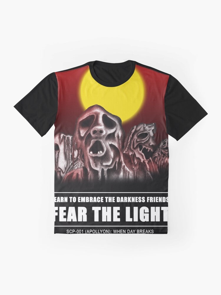 SCP 001 "When Day Breaks" graphic t-shirt featuring a sketch of the sun and sunlight - Flat lay