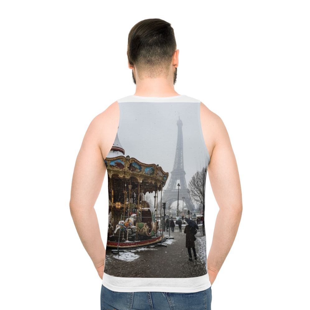 Unisex tank top with Eiffel Tower and winter scene design - men back