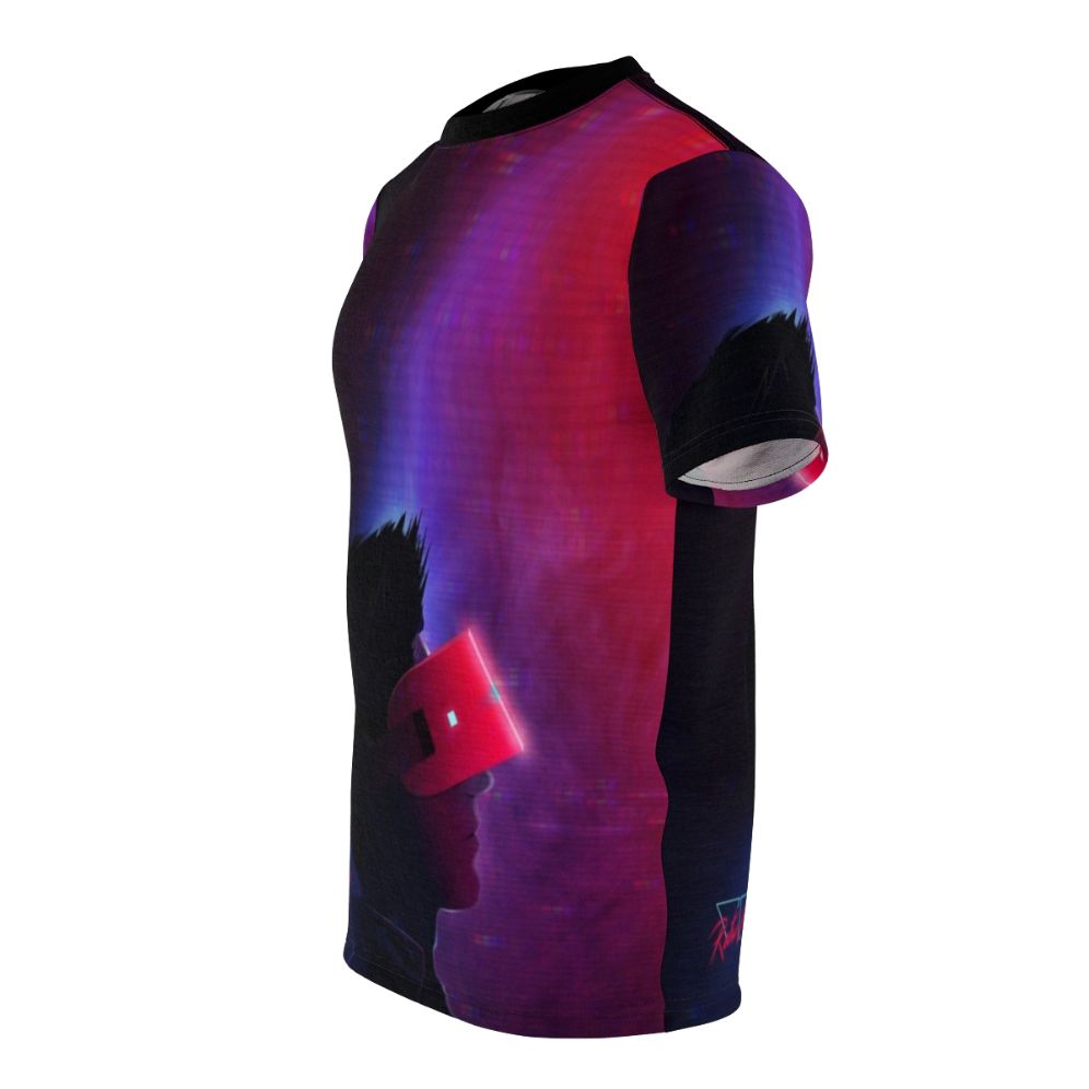 Retro futuristic virtual reality-inspired t-shirt with cyberpunk retrowave design - men left