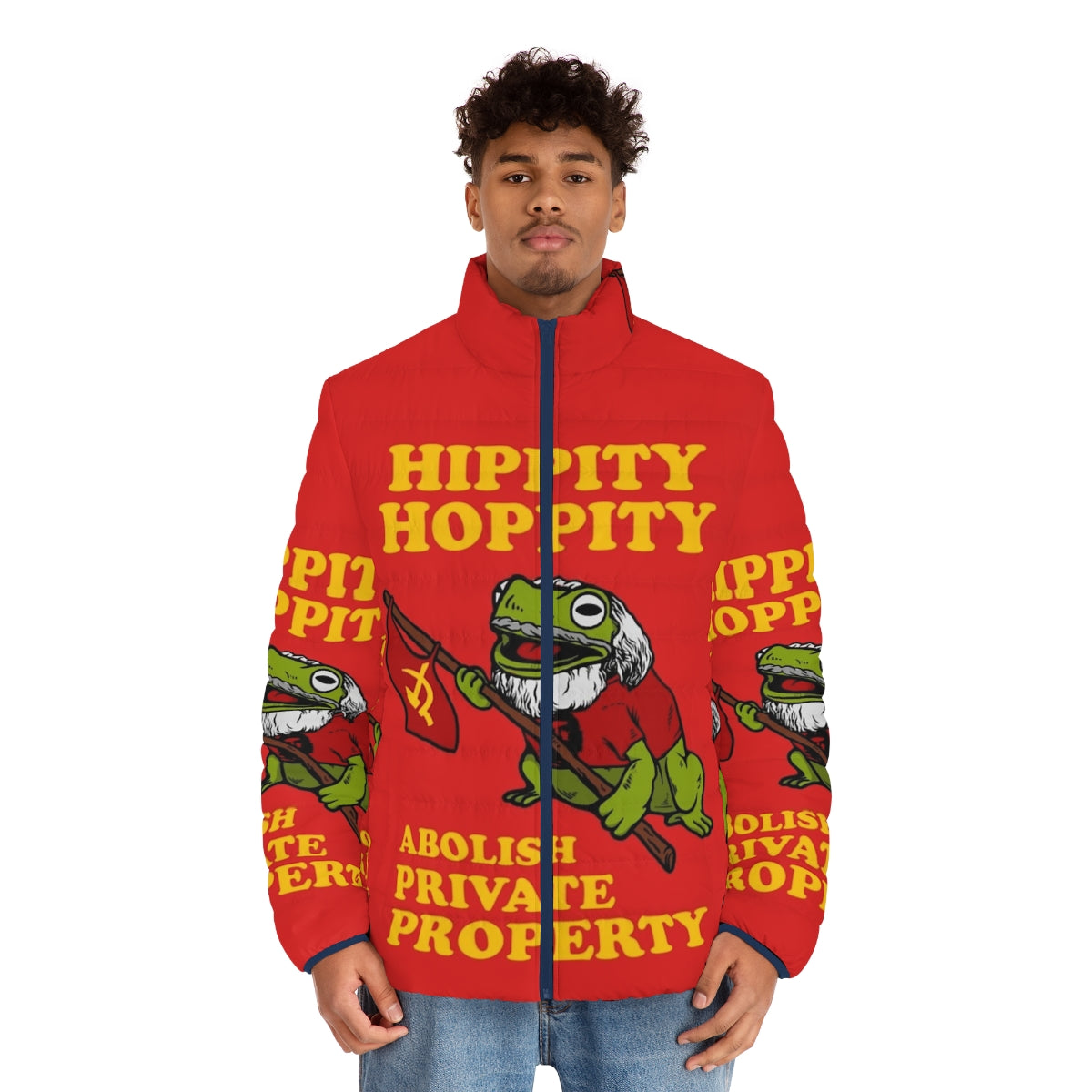 Hippity Hoppity Abolish Private Property Puffer Jacket featuring communist and socialist memes, hammer and sickle, and Che Guevara - men front