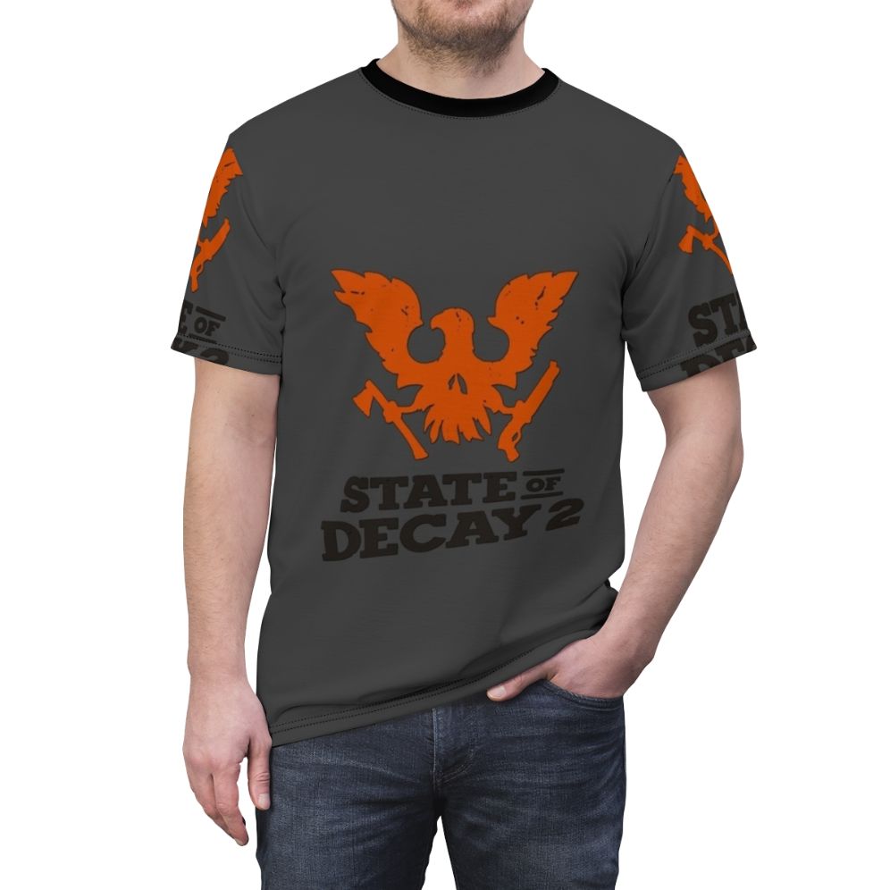 State of Decay 2 inspired gaming t-shirt with zombie apocalypse design - men front