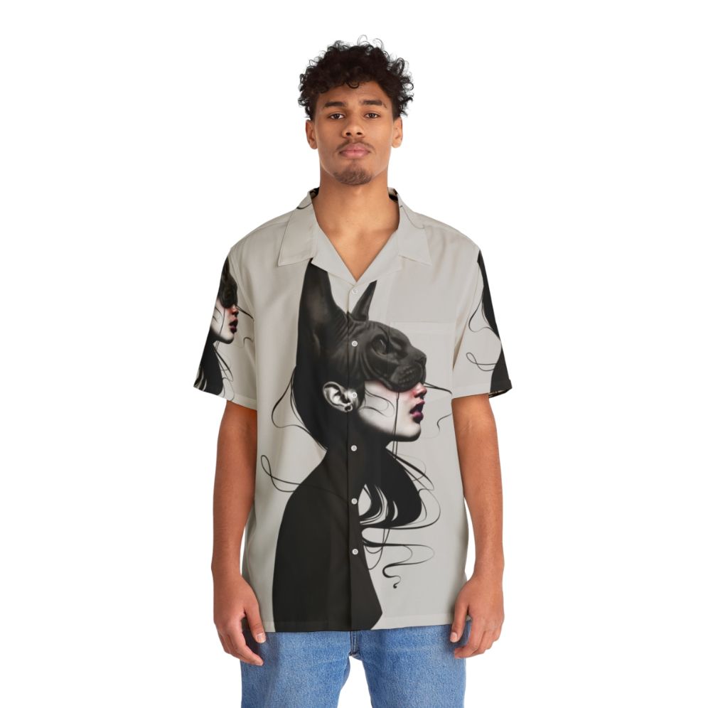 Dark cat portrait Hawaiian shirt - People Front