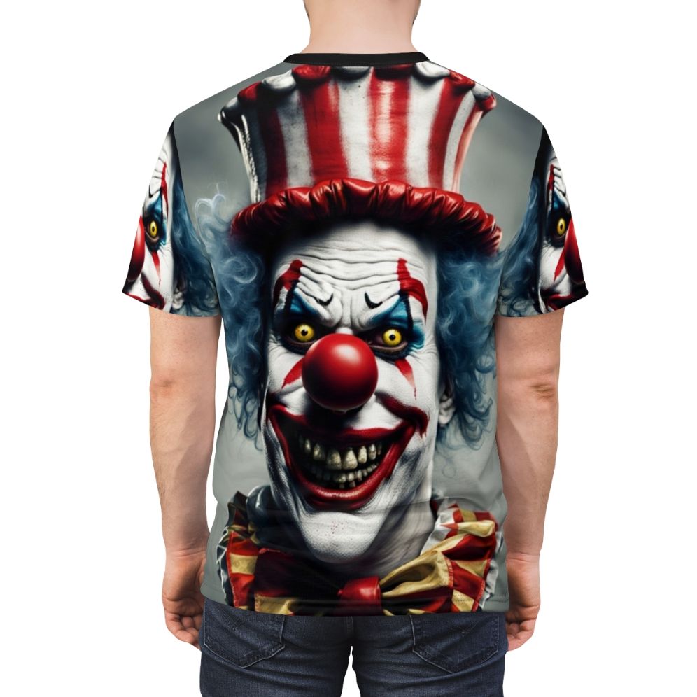 Sinister-looking clown with a creepy red nose and unsettling expression on an all-over-print t-shirt - men back