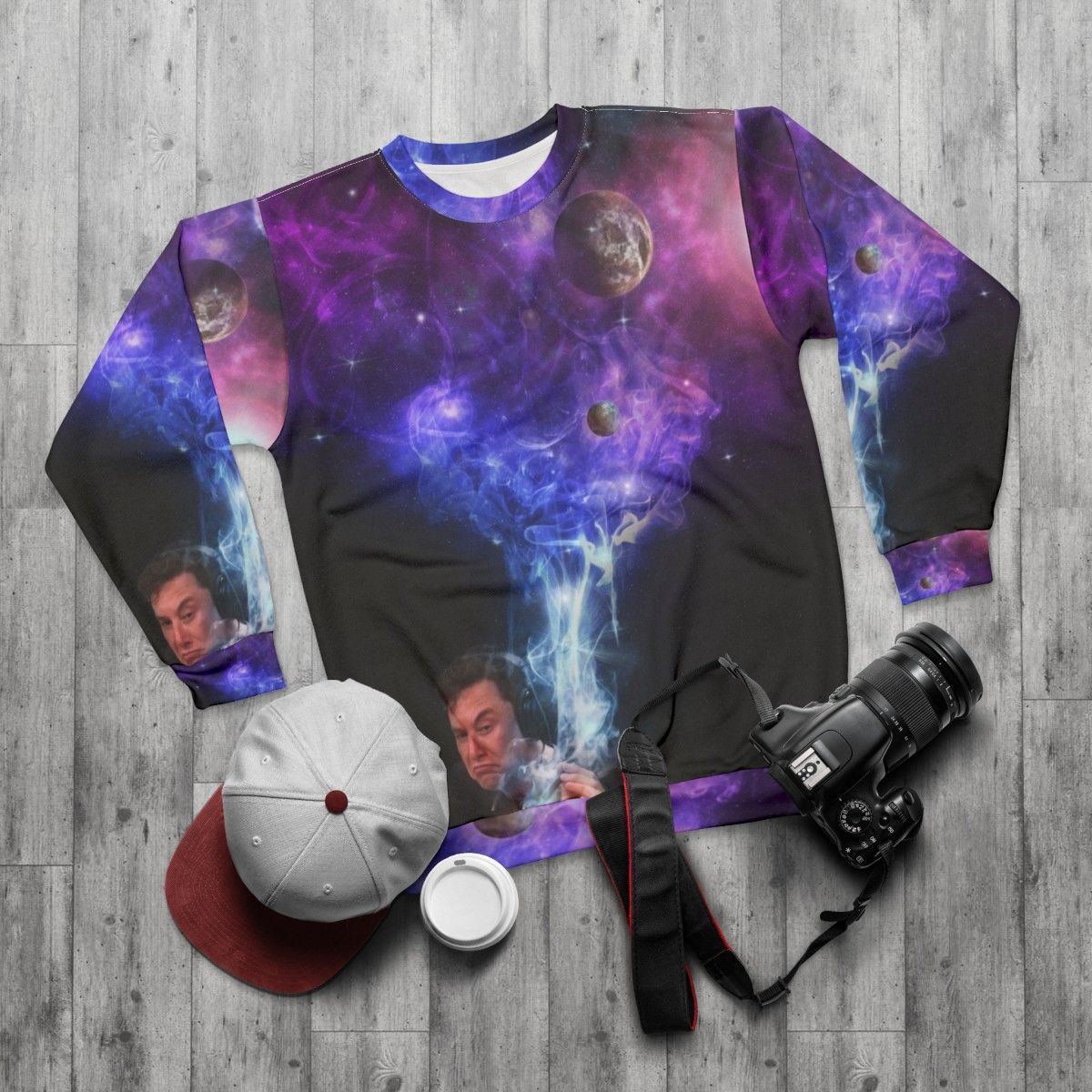 Elon Musk smoking in the cosmos sweatshirt - flat lay