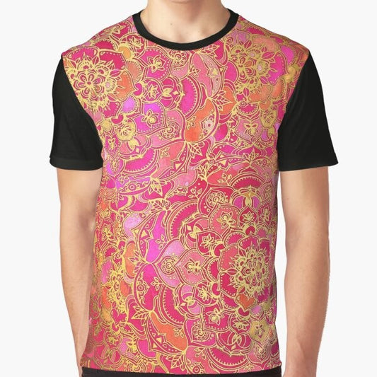 Hot pink and gold baroque floral pattern graphic t-shirt