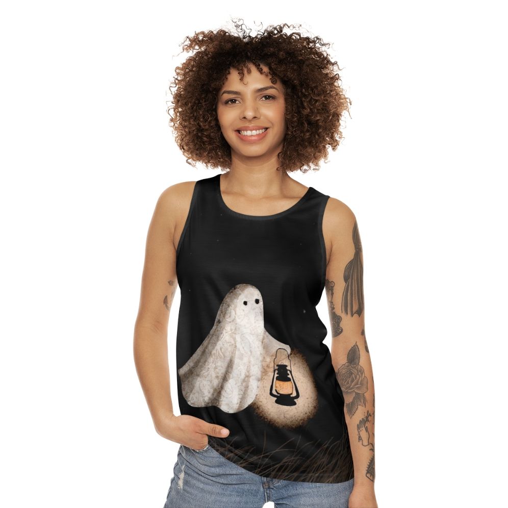 Unisex Twilight Walk Tank Top with ghostly figures and starry sky - women