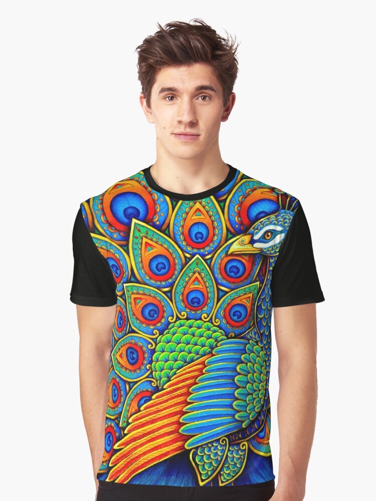 Colorful paisley peacock and rainbow graphic design on a t-shirt - Men