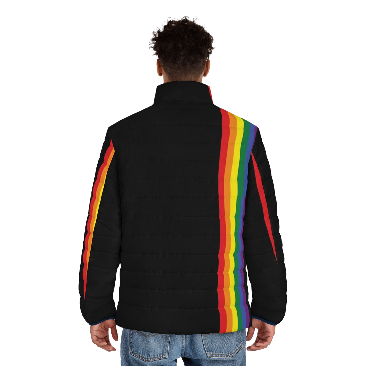 Colorful rainbow puffer jacket with LGBTQ pride stripe design - men back