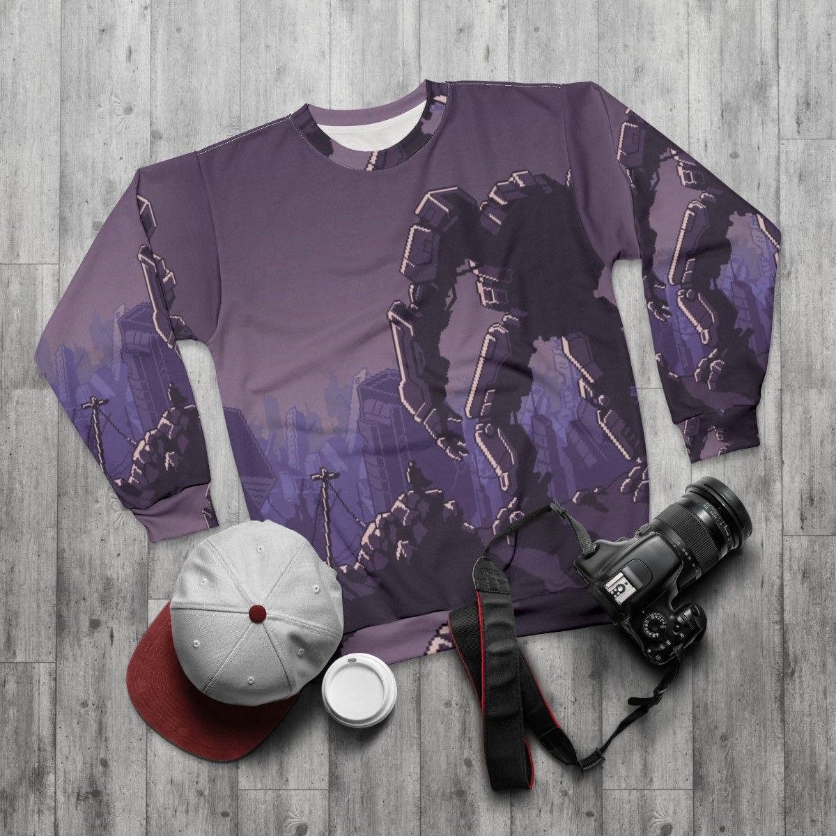 Into the Breach Mecha Sweatshirt with Sci-Fi Gaming Design - flat lay