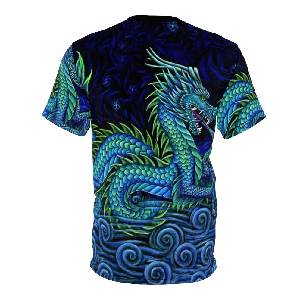 Vibrant and psychedelic t-shirt design featuring a majestic Chinese azure dragon in shades of blue, teal, and aqua against a backdrop of mist and the night sky. - Back