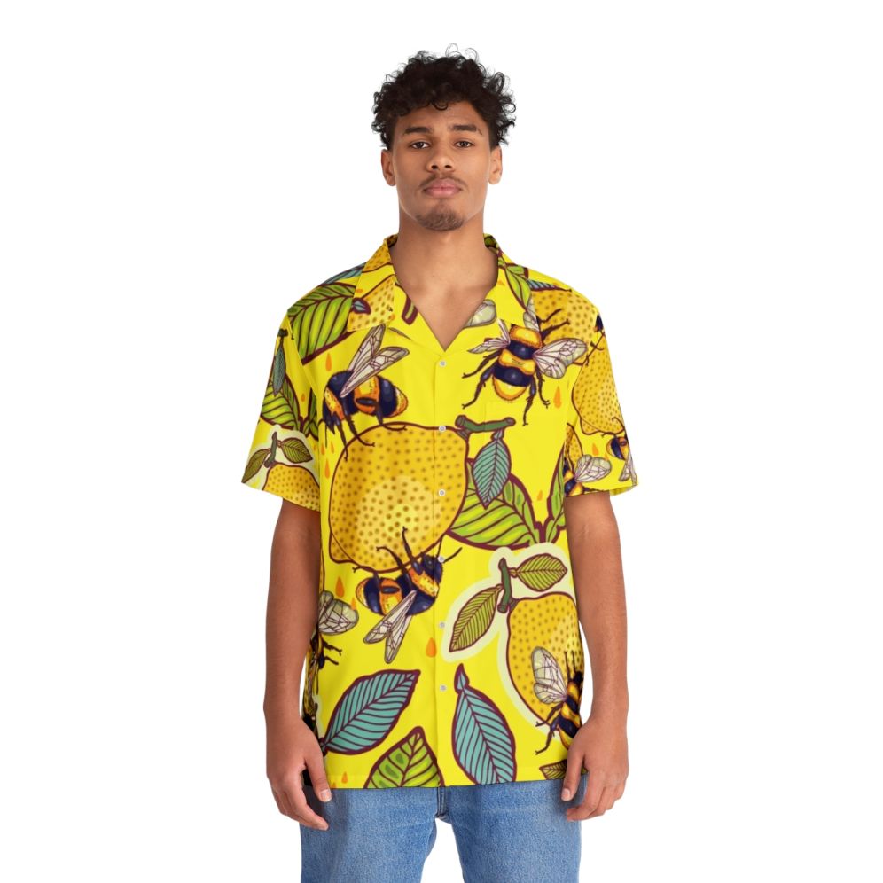 Yellow Hawaiian shirt with lemon and bee garden design - People Front