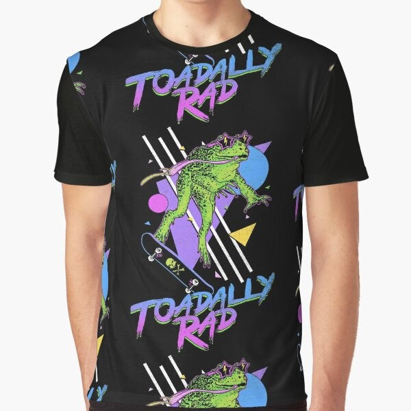 Graphic t-shirt featuring a cool, retro-inspired frog design with a radical 80s vibe.