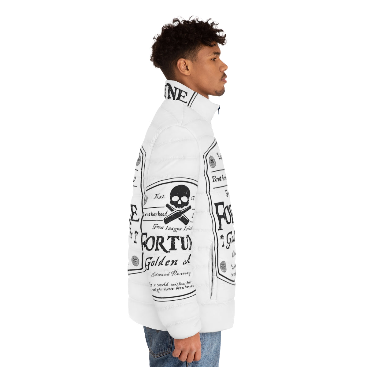 Assassin's Creed Fortune Beer Label Puffer Jacket - Stylish gaming apparel inspired by the Assassin's Creed video game series - men side right