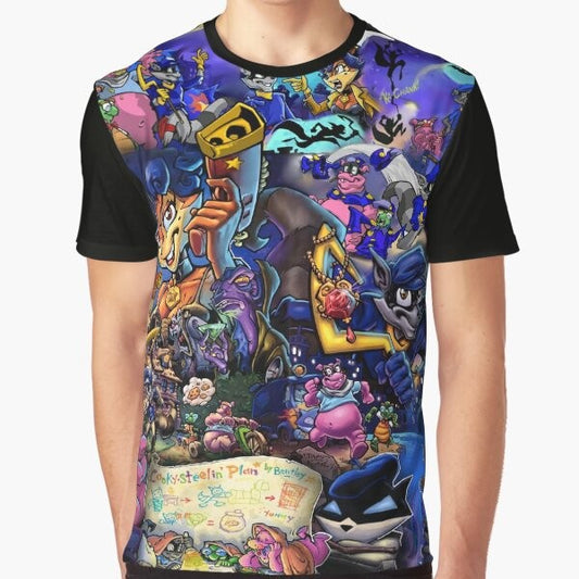 Sly Cooper comic collage graphic design t-shirt