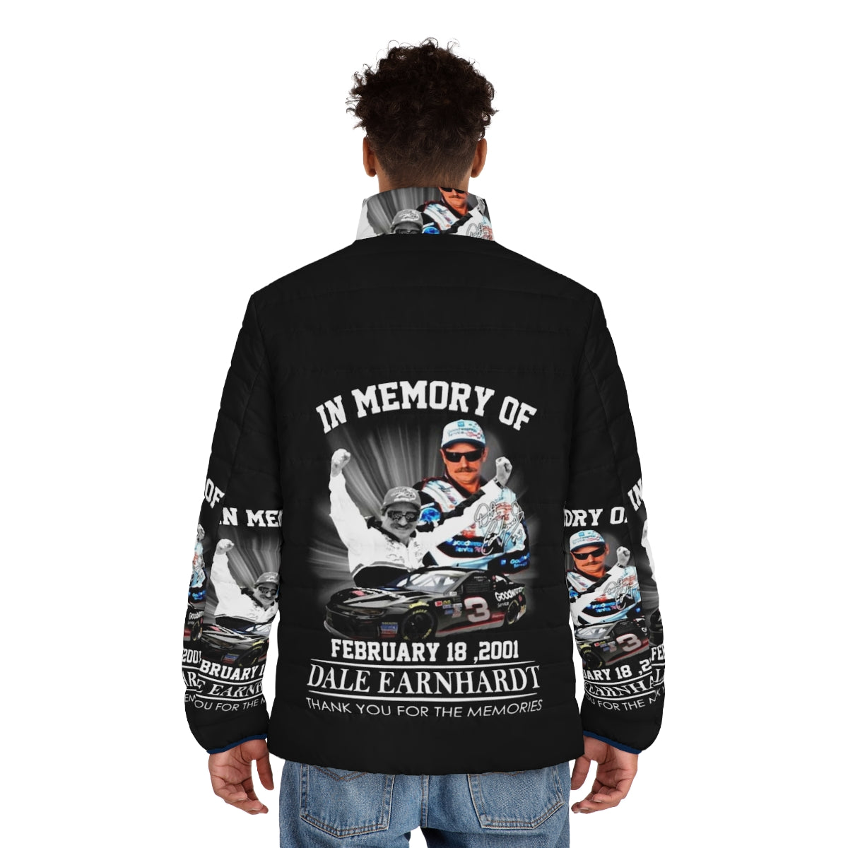 Puffer jacket featuring a memorial design for NASCAR legend Dale Earnhardt - men back