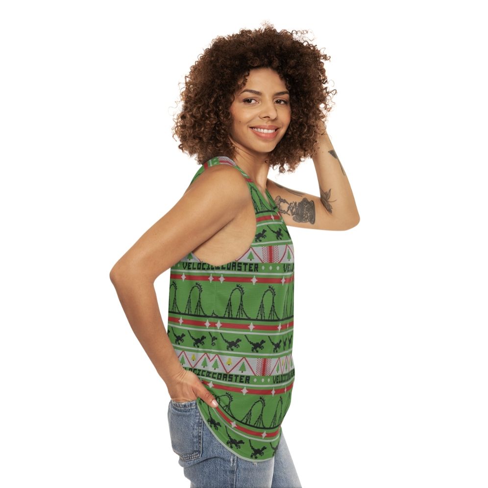 Velocicoaster Unisex Tank Top with Ugly Christmas Sweater Dinosaur Design - women side