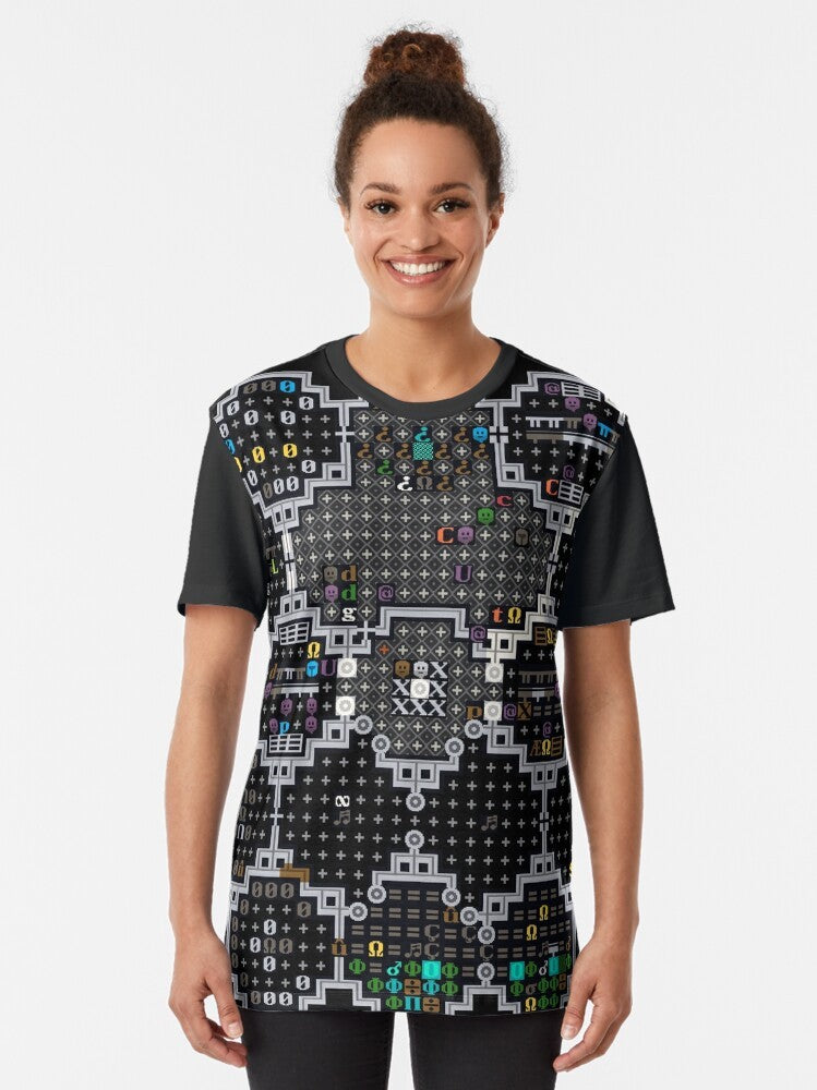 Dwarf Fortress gaming themed graphic t-shirt with pixel art tiles - Women