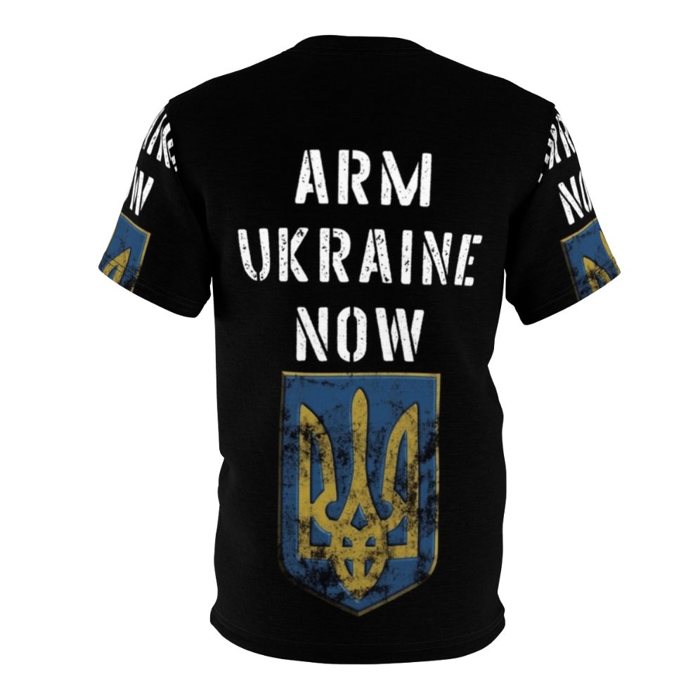 Ukrainian resistance t-shirt in blue and yellow colors featuring Ukrainian symbols and a call to action to support Ukraine against the Russian invasion. - Back